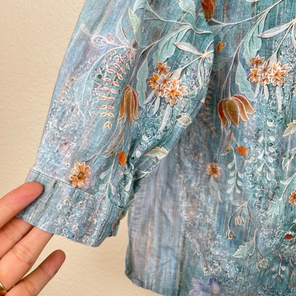 Womens Top Sz M Linen‎ Cottage Fairy Bird Statement Sustainable Ethereal Boho - Picture 5 of 9